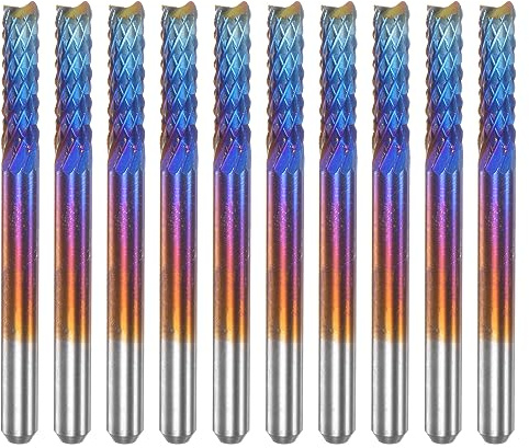 QUARKZMAN 10uds Fresas CNC Enrutador Barrenas 1/8 Vástago 3mm Azul Recubierto Tungsteno Carburo Fresado Cortadores para PCB Acrílico Madera Aluminio Metal
