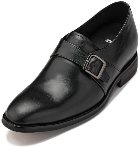 CALTO Men's Invisible Height Increasing Elevator Shoes - Leather Slip-on Monk-Strap Dress Loafers - 2.8 Inches Taller