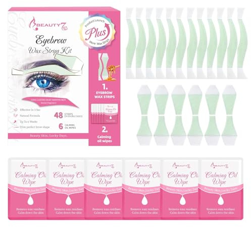 Beauty7 Kallvaxremsor för ansikte, 48 remsor, hårborttagningsremsor, ögonbryn och läppar, normal hud, ansiktsvax, hårborttagning med 6 lugnande rengöringsdukar