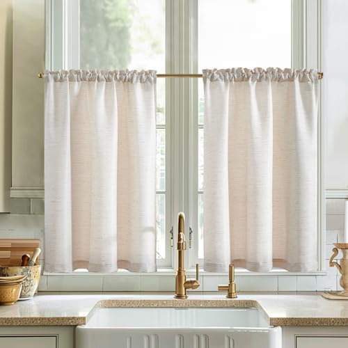 Vangao Skivgardin linneutseende bistrogardin modern kök skrifter gardiner jacquard tyg rutnät halvtransparenta par halsdukar för vardagsrum lantställe små fönster 90 x 115 cm beige set om 2