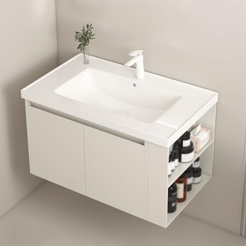 LMXRYPD Badmöbel Set mit Waschbecken. Waschbecken mit Unterschrank 70 cm Breit. Mit Wasserhahn, Zwei Soft-Close-Türen und Offenem Stauraum auf Zwei Ebenen. Wandmontiert