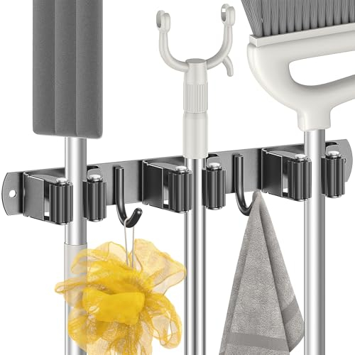 Radikor Porta Scope Parete, Portascope da Muro con 3 Supporti e 2 Ganci, Appendi Scope a Muro Autoadesivo, Appendiscope in Acciaio Inox Avvitabile, Ganci Porta Attrezzi da Giardino, Nero