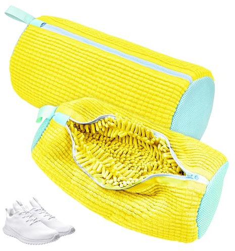 Beifon Schuhwaschbeutel Waschmaschine 2 Stück, Schuhbeutel Waschmaschine, Waschbeutel Wäschenetz Schuhe Wäschesack mit 360°Reinigungsflaum, Schuhsack für Waschmaschine und Trockner (2×gelb)