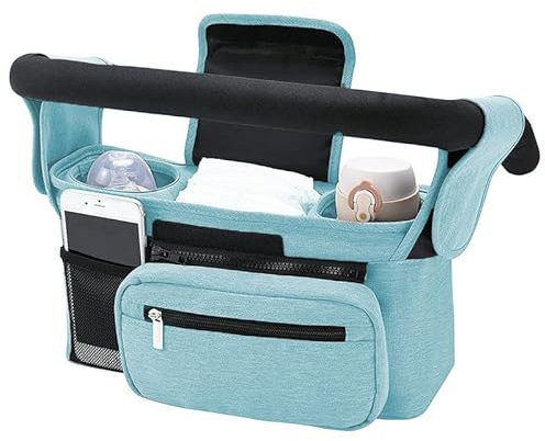 Baby Kinderwagen Organizer Kinderwagen Tasche Kinderwagen Organizer, Multifunktionale Baby Kinderwagen Buggy Aufbewahrungstasche mit 2 isolierten Getränkehaltern, abnehmbare Tasche, Schultergurt,