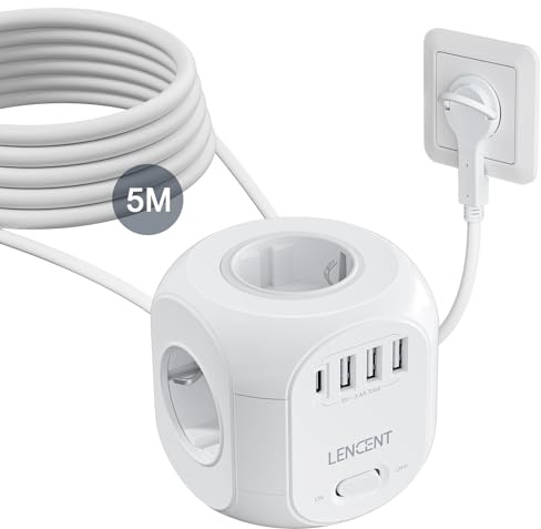 LENCENT 4 Fach Cube Steckdosenleiste Flachstecker Steckdosenwürfel 8 in 1 | Steckdose Mehrfachsteckdosen Steckerleiste mit 3 USB, 1 Typ-C, Mehrfachstecker mit 5 Meter Kabel für Wandsteckdose