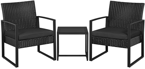 Yaheetech Balkonmöbel Set, Gartenmöbel-Set aus PE-Polyrattan Wetterfest inkl. 2 Stühle mit Sitzkissen & Tisch, 3 Teilig Terrassenmöbel Sitzgruppe Lounge Set für Balkon/Terrasse/Garten, Schwarz