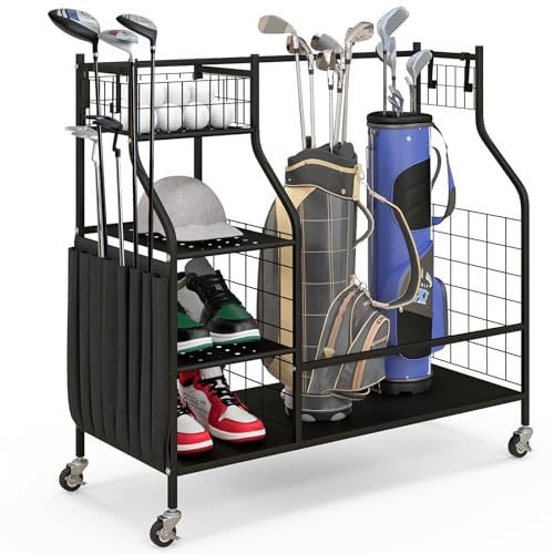 LIFEZEAL Golfförvaring med hjul, golfväskförvaring med tygficka, sportbollförvaring med korg och krok, förvaring för golfbollar, golfte och golfklubbor