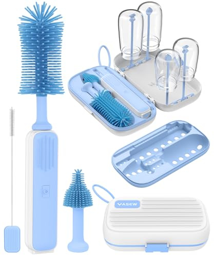 Electric Bottle Brush Cleaner Set, Electric Travel Bottle Brush Set with Drying Rack, Nipple, Straw, Storage Case, Baby Silicone Cleaner Bottle Brush with 2000mah Battery for Home Travel, Gift for Mom