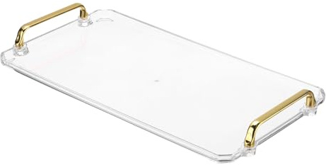 PATIKIL Plateau de Service en Plastique de 16,1 X 8,7 Pouces avec Poignées Dorées, Plateau Réutilisable Rectangulaire pour Desserts, Café, Thé, Table, Transparent