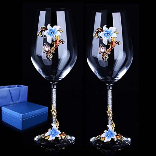 Pintado a mano esmalte copas de vino con caja de Copa de gran dureza con tallo de cristal, juego de copas de vino de cristal sin plomo, copa de vino tinto de 350 ml, 2 copas de vino con caja de regalo