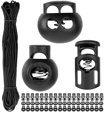 Kordelstopper und Gummiband Set, 60 Stück Klemmen, 20 Meter Schnur, Ø 4 mm, in Schwarz, Band Klemme Jacke, Sportkleidung, Rucksack, Gummikordel Stopper, Schnellverschluss Schnürsenkel, Schnur Klammer