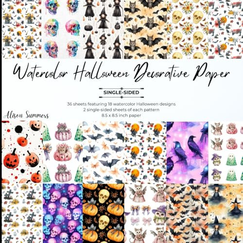 36 Sheets Watercolor Halloween-Themed Decorative Paper Pad for Scrapbooking: 18 Single-Sided Papers 8.5 x 8.5 for Journalling, Card Making, Decoupage & Other Crafts