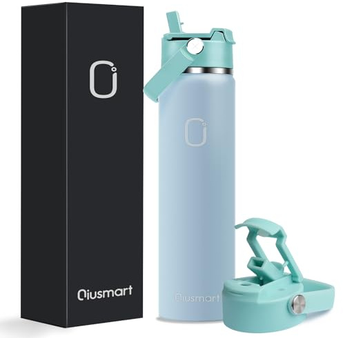 Qiusmart Gourde en acier inoxydable avec paille 750 ml : bouteille isotherme sous vide à double paroi anti-fuite pour le sport, les voyages, la salle de sport, sans BPA (bleu clair)