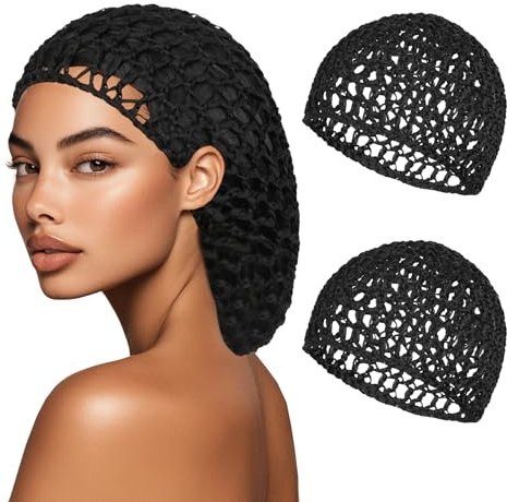 2 PCS Hair Nets for Sleeping Mesh Crochet Hair Wrap Breathable Sleep Cap for Women Reusable Elastic Hairnet（Black，Black）