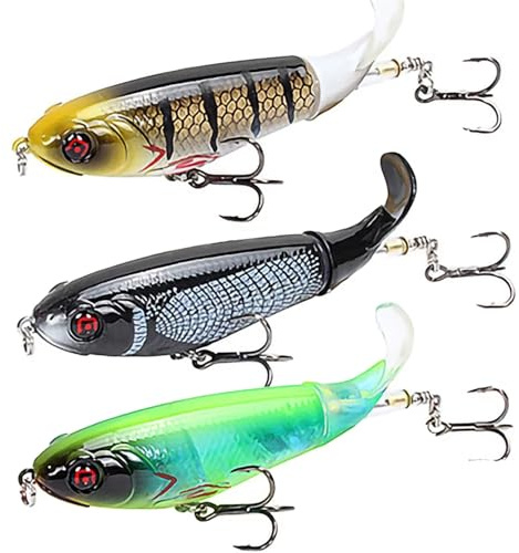 3PCS Whopper Popper Topwater Fishing Lure Artificial Hard Bait 3D Eyes Plopper With Soft Rotating Tail Fishing Tackle