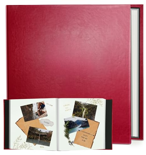 Rdylymx Photo Album Self Adhesive Scrapbook 5x3 6x4 7x5 8x6 10x8 A4 Pictures Length 12.8x11 Inch 40 Pages Leather Cover DIY Photo Album with A Metallic Pen for Family Travel Wedding Baby Pet (Red)