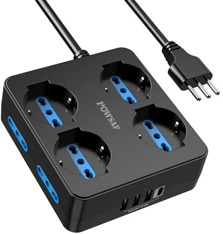 POWSAF Presa Multipla 8 Prese Quadrata, Ciabatta Elettrica con 4 USB e Interruttore - Multipresa Compatta per Casa/Ufficio, Nero