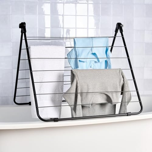OHS Clothes Airer Over Bath, Adjustable Rotation Clothes Drying Rack with 14 Bars Lightweight Foldable Metal Laundry Drying Rack for Indoor Use - Black