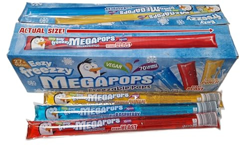 Eezy Freezy Megapops - Confezione da 27 bastoncini di ghiaccio congelabili da 150 ml, gusti assortiti: lampone blu, Berry Blast e Tropical Punch | Adatto per vegani, vegetariani e kosher