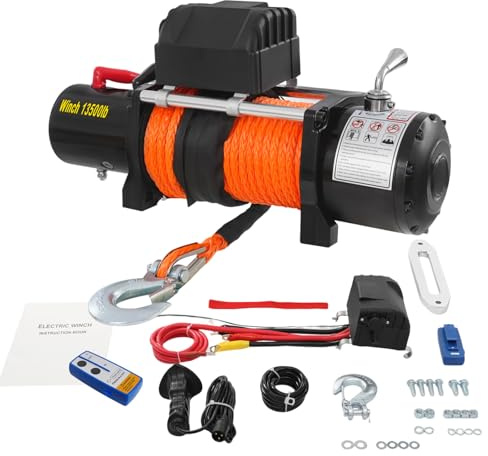Elektrische Seilwinde 12V mit Fernbedienung, Elektrischer Winde mit Sperrfunktion, Elektrischer Winde für ATV, UTV, SUV, Pickup und Geländefahrzeuge (13500LB, Rot)