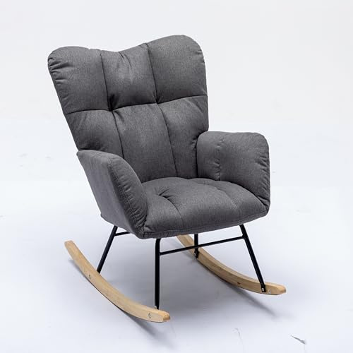 Mid-Century Schaukelstuhl Teddystoff,getuftete Rückenstütze,gepolsterter Sitz,ergonomische Armlehnen,Holz-Kufen,leise Filzgleiter,Wohnzimmer Schlafzimmer Relaxsessel Stillstuhl (Dunkelgrau)
