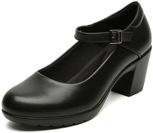 Womens Mary Jane Dress Shoes Chunky Low Block Heels 7CM Closed Toe Work Platform Pumps Dressy Orthopedic for Business Flight Wedding Office Ankle Strap Leather Casual Comfort Arch Support