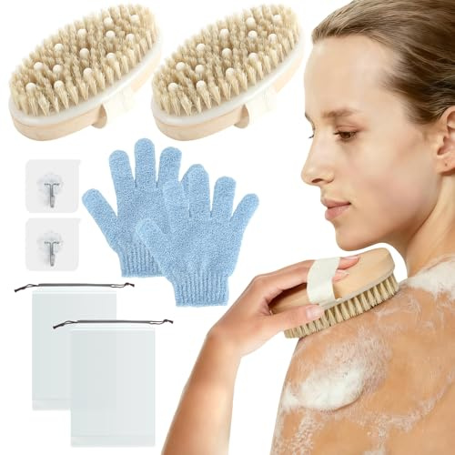 2 Stück Trockenbürste, Körperbürste und 2 Stück Badehandschuhe, Massagebürste mit Schweineborsten, Duschbürste zum Peeling, Beseitigung von Cellulite und Förderung der Durchblutung