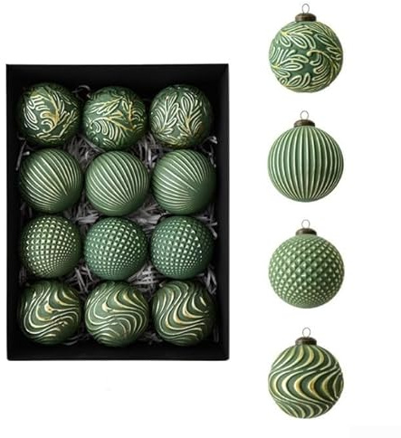 CYRENT 12-teiliges Weihnachtsornament-Kugel-Set im Vintage-Antik-Stil und Retro-Design aus leichtem Kunststoff zum Aufhängen an Bäumen (Grün)