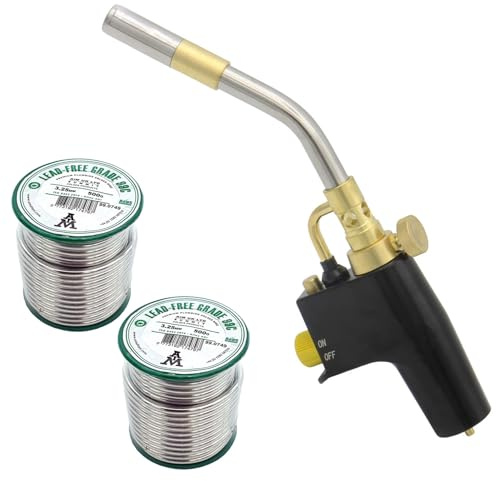 Plumbing Torch & Solder Set – Adjustable Self-Igniting Hand Torch + 2 x 500 g Lead-Free 3.25 mm Solder