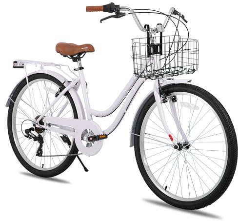 HILAND Damcykel Cruiser med bagagehållare och korg - lila, låg stålram, 26 tum, 7 hastigheter, V-bromsar, integrerade stänkskärmar, perfekt för stadsvandring