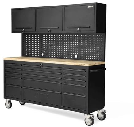 VITO - Werkstattwerkbank auf Rädern Design – Schrank 3 Türen 182 x 51 x 186 cm 15 Schubladen mit Bremse – Arbeitsplatte Holz Belastung 500 kg
