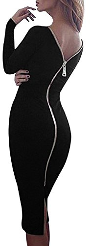 Yming Damen Sexy Rückenfreies Reißverschluss Vorne Partykleid Figurbetontes Langarm Midikleid