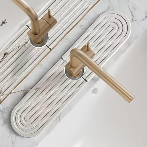 PLUSHCEWT Stone Faucet Mat for Kitchen Sink,Ultra-Absorbent Diatomite Kitchen Sink Splash Guard,Premium Quick-Dry Faucet Mat for Kitchen Sink & Bathroom Counter Protector (White,45×10cm)