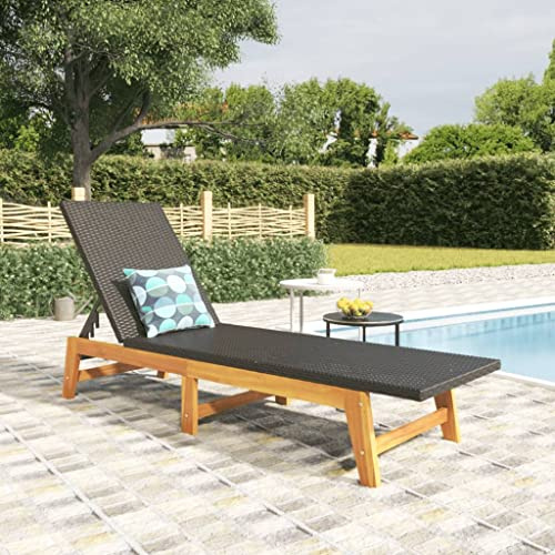 Mandloder Sonnenliege Schwarz Braun Poly Rattan Massivholz Akazie, Verstellbare Rückenlehne, Garten Relaxliege, Terrassen Chaiselongue, Witterungsbeständig, Strandliege 200x54x87 cm