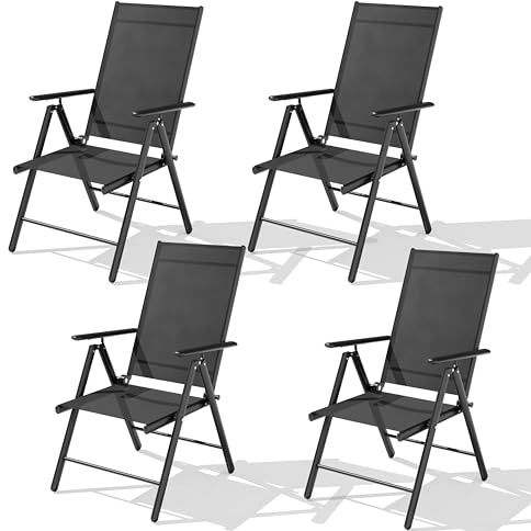 ALAULM Klappbare Gartenstühle 4er-Set, 7-stufig verstellbare Hochlehne & Armlehnen, wetterfestes Textilene, Terrasse Garten Balkon (Schwarz)