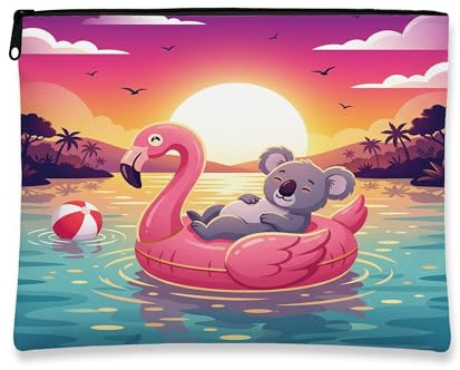 Funny Koalas Makeup Bag, Flamingos Lifebuoys Sea Cosmetic Travel Pouch for Women, Portable Small Canvas Zipper Organizer, Animal Toiletry Bag 7x9 Inch