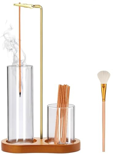 Juego de soportes para incienso – Soporte de madera con 2 vasos de cristal y pinzas de metal para ahumar limpio, soporte de inciensos para meditación y yoga