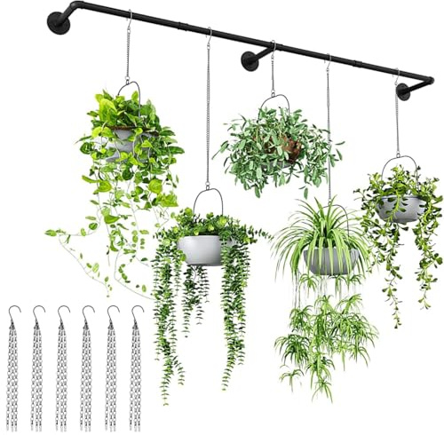 FENGSHENG-SHOP Plant Hanger with 6 Hanging Chains, 70.8 inch Hanging Planters Rod for Indoor Outdoor Plants, Hanging Plant Holder for Window Plant Shelves Ceiling Black Metal Rod, Pots Not Included
