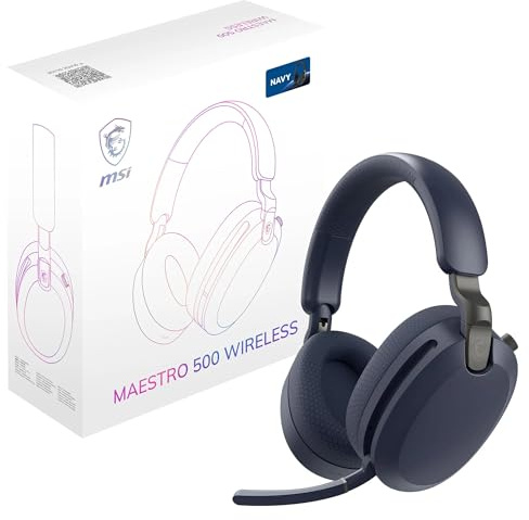 MSI Maestro 500 Wireless Navy Casque sans Fil, réduction Active du Bruit, Connexion 2,4 GHz, Bluetooth 5.4 ou Jack 3,5 mm, H-P de 40 mm, Micro rétractable « Flip-to-Mute », autonomie 90 Heures