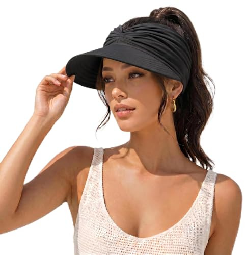 Ravionelle Women's UPF 50+ UV Protection Sun Visor Hat Wide Brim Lightweight Foldable Ponytail Cap for Sports Beach Golf Hiking