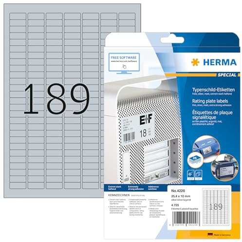 HERMA 4220 Typenschild Folien-Etiketten silber, 25 Blatt, 25 x 10 mm, 189 pro A4 Bogen, 4725 Stück, selbstklebend, bedruckbar, wetterfest, blanko Klebeetiketten Aufkleber aus Folie