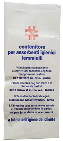 100 SACCHETTI IGIENICI DI CARTA PER ASSORBENTI 28,5 X 12 CM per WC toilette bagni pubblici negozi esercenti Scritte in ITALIANO INGLESE TEDESCO FRANCESE