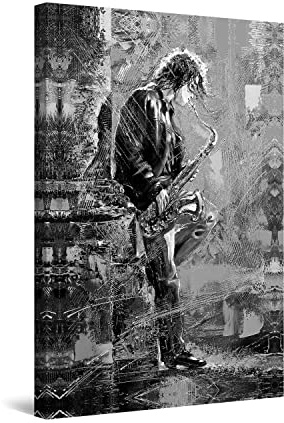 Startonight Quadro su Tela Bianco e Nero Giovane Canto Presso il Sassofono, Stampe Incorniciato e Pronta da Appendere Design Moderno Arredamento Arte Fotografia Grande Formato 60 x 90 cm
