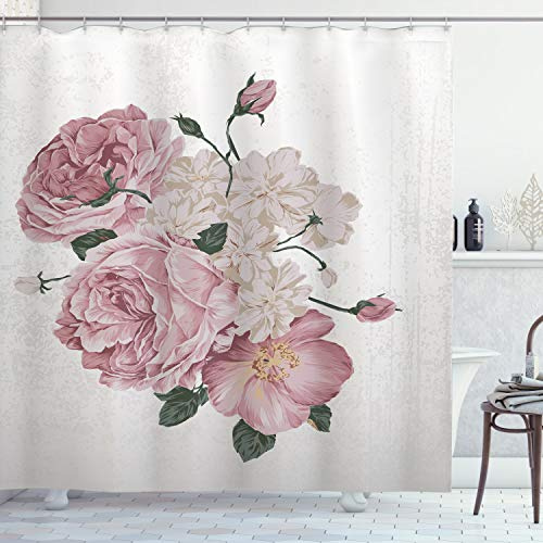 ABAKUHAUS Rose Duschvorhang, Alte Rosen Corsage Grunge, Stoffliches Gewebe Badezimmerdekorationsset mit Haken, 175 x 200 cm, Beige Rose Grün