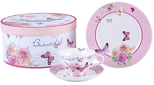 London Boutique - Set da tè pomeridiano con 3 tazzine da caffè e piattino, piatti da dessert, stile shabby chic, in porcellana vintage (farfalle)