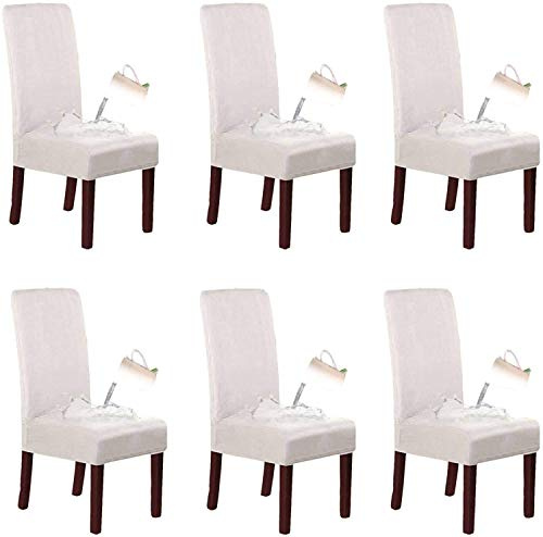 LINGKY Wildleder Esszimmer Stuhlhussen Esszimmerstuhl Schonbezug Samt Stuhlhussen Für Esszimmer, Wasserabweisend Soft Stretch Abnehmbare Stuhllehne Mit Hoher Rückenlehne (Elfenbein,Set of 6)