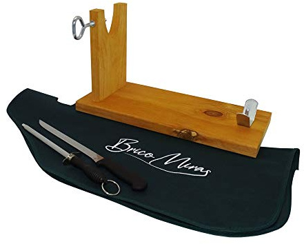 BRICOMIRAS - Jamonero Modelo Banqueta | Madera de Pino - Fabricado en España | Incluye Cuchillo, Chaira, Cubrejamón | Ideal para Uso Doméstico, Cubrejamón Verde