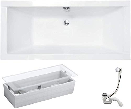 VBChome Badewanne 180x80 cm Acryl SET Wannenträger Siphon Wanne Rechteck Weiß Design Modern Styroporträger Ablaufgarnitur in Chrom Viega Simplex für 2 Personen
