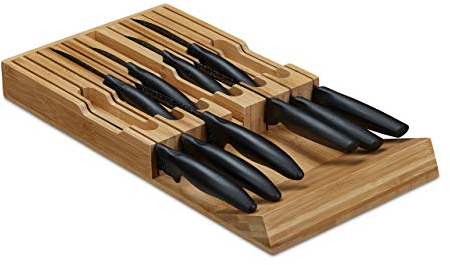 Relaxdays Messerhalter Schublade, für 12 Messer & Wetzstahl, Bambus Messerblock liegend, HBT: 4, 5 x 43, 5 x 23 cm, natur, Braun