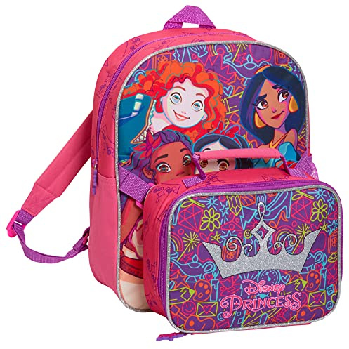 Disney Princess Backpack With Lunch Bag For Girls School Bag 2 Piece Set Matching Insulated Cold or Hot Food Snack Nursery Rucksack Carry On Case